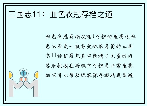三国志11：血色衣冠存档之道