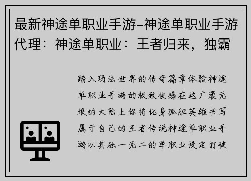 最新神途单职业手游-神途单职业手游代理：神途单职业：王者归来，独霸天下